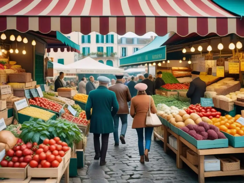 Escena detallada de mercado francés con colores vibrantes de productos frescos y diversidad, realzando la gastronomía francesa