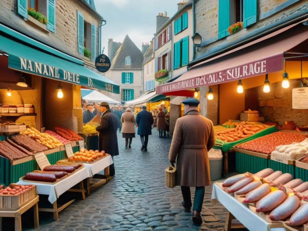 Escena detallada de un mercado francés tradicional con la vibrante gastronomía francesa de Andouille de Vire