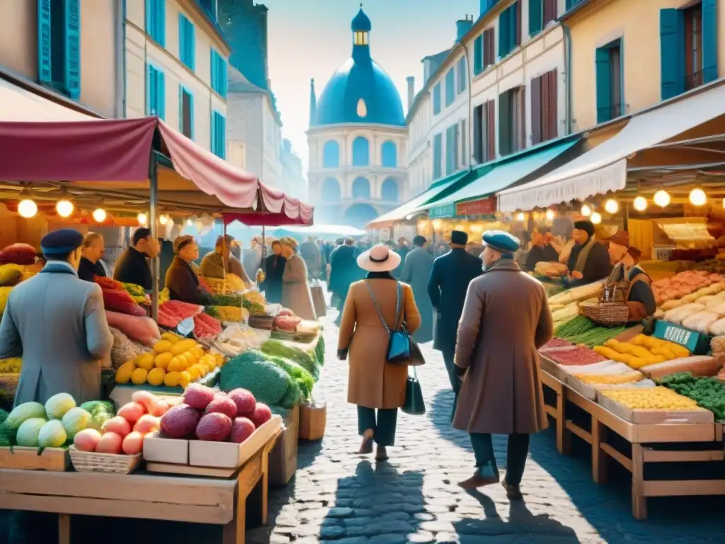 Escena detallada de mercado francés postRevolution con influencia Revolución Francesa cocina gastronomía