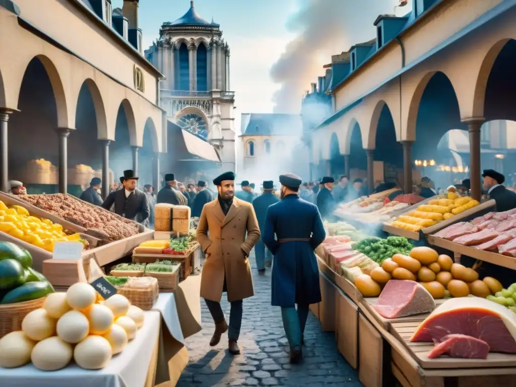 Escena detallada de mercado parisino durante la Revolución Francesa, con innovaciones gastronomía francesa revolución culinaria