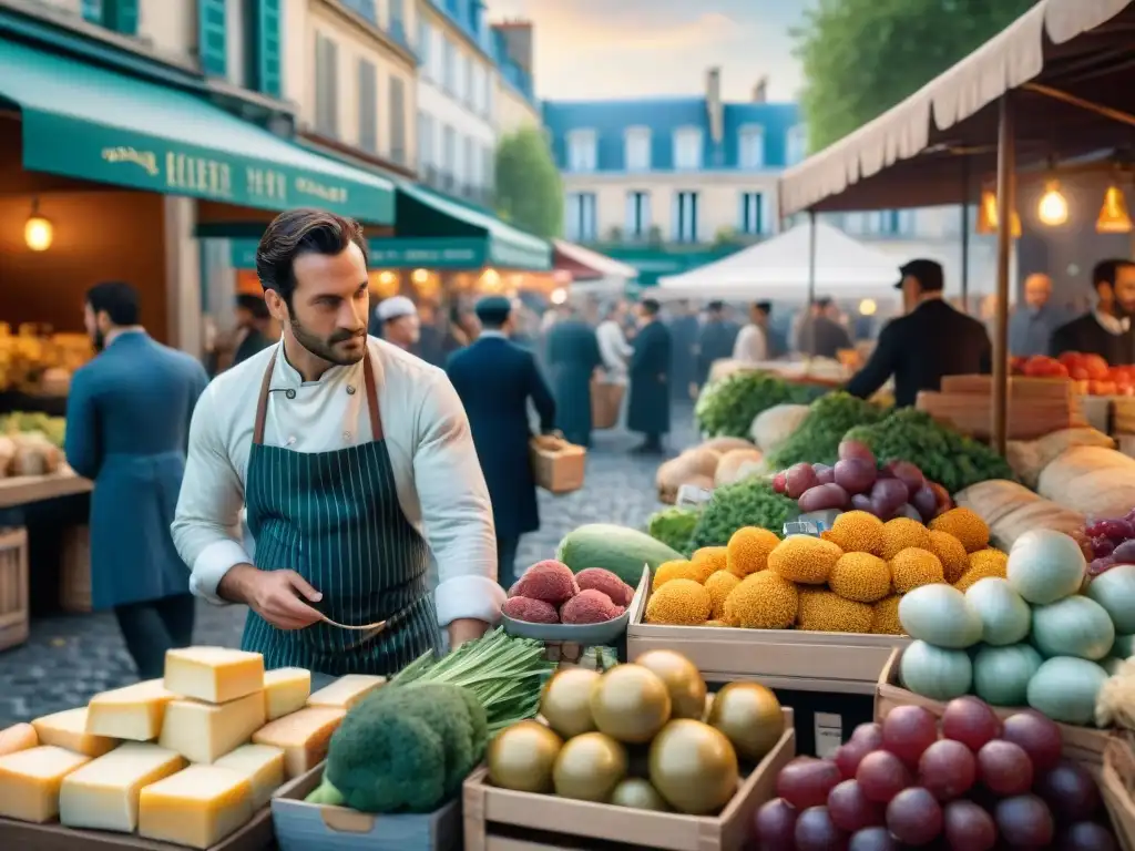 Escena detallada de mercado parisino del siglo XIX, evolución gastronomía francesa influencia cultural