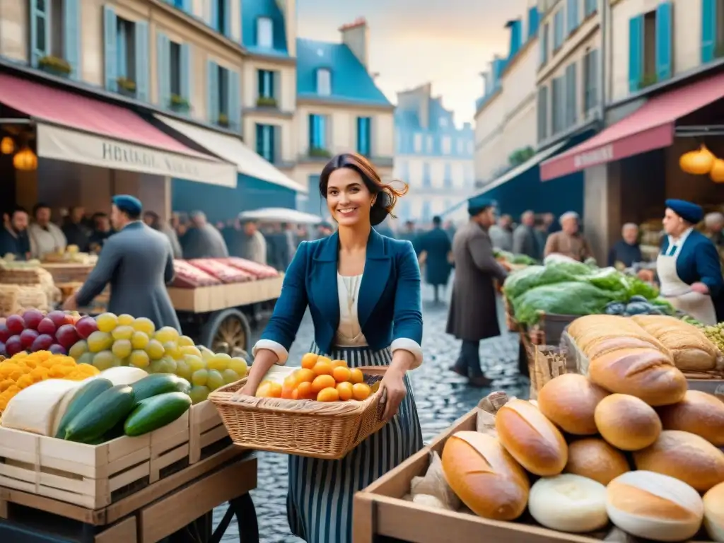 Escena detallada de mercado parisino post Revolución Francesa, influencia cultural en gastronomía