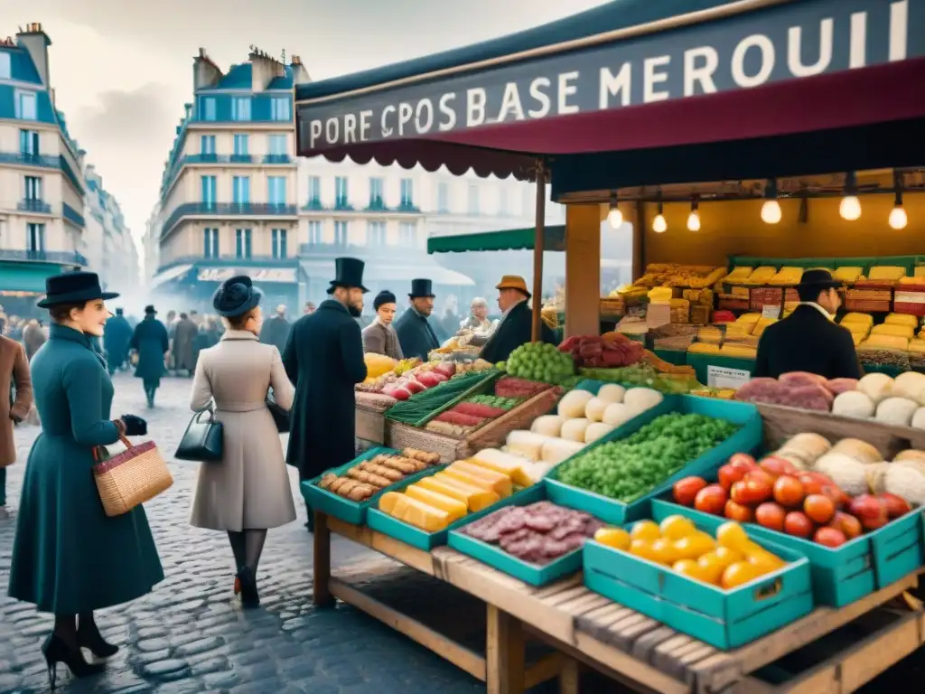 Escena detallada de mercado parisino del siglo XIX con vendedores y compradores bajo toldos tradicionales