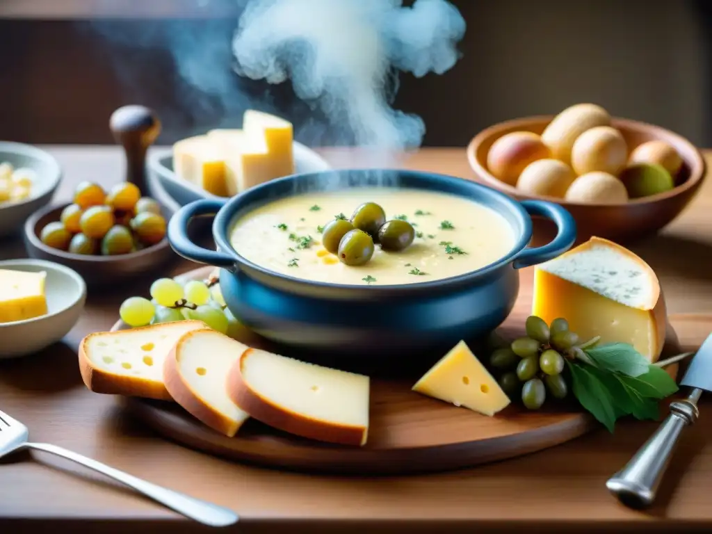 Una escena detallada de una mesa de fondue francés con quesos variados, pan, uvas y condimentos