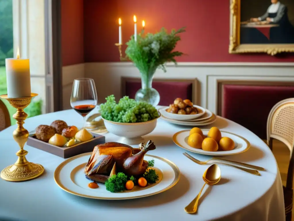 Escena detallada: mesa lujosa en château francés con exquisita vajilla, personajes literarios disfrutando gastronomía francesa