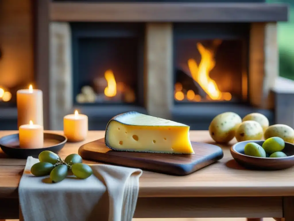 Una escena detallada de una mesa rústica con una selección de vinos franceses y queso Raclette fundido, evocando la tradición culinaria