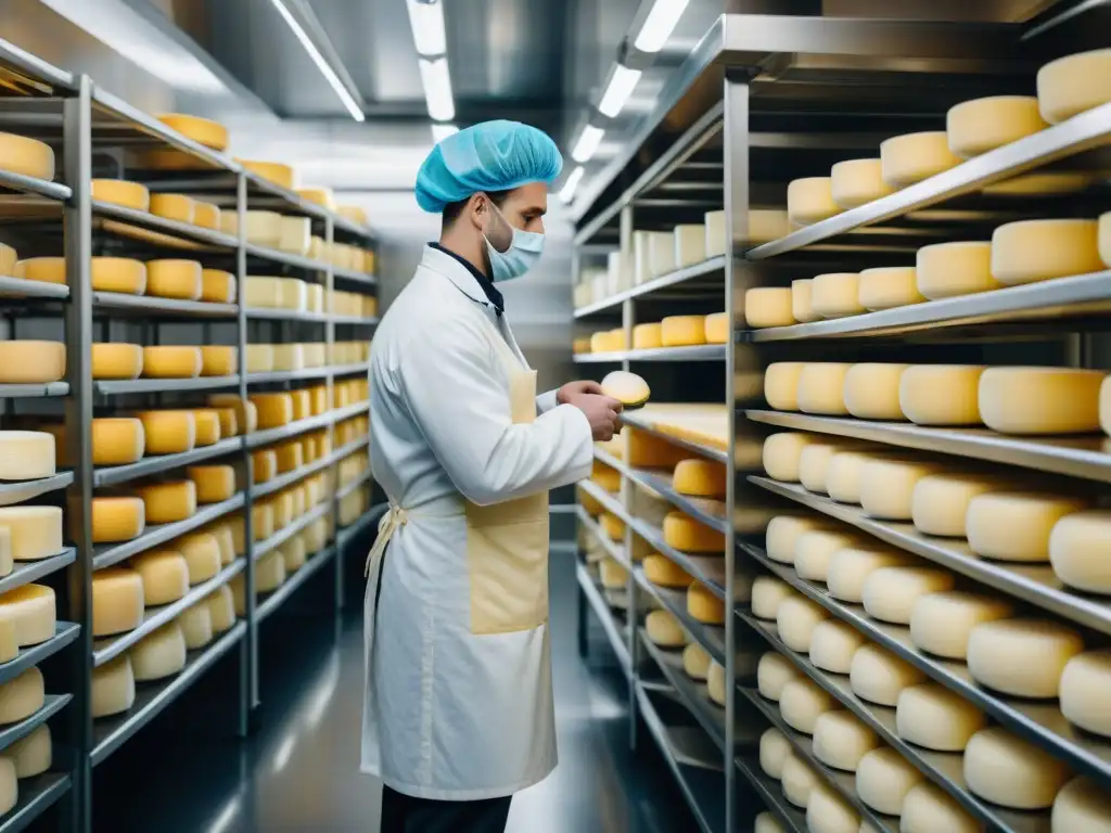 Una escena detallada de una moderna planta de elaboración quesera en Francia, fusionando tradición e innovación