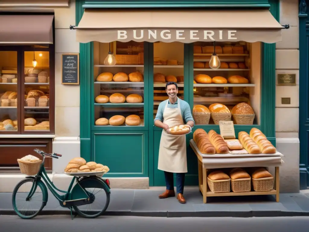 Escena detallada de una panadería francesa tradicional al amanecer