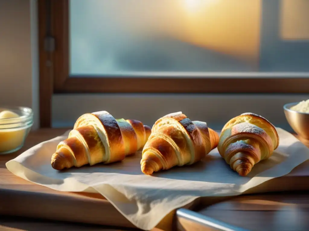 Arte al amanecer: Croissants dorados en una panadería francesa Una escena detallada de una panadería francesa al amanecer con croissants dorados perfectamente horneados y un panadero creando la masa