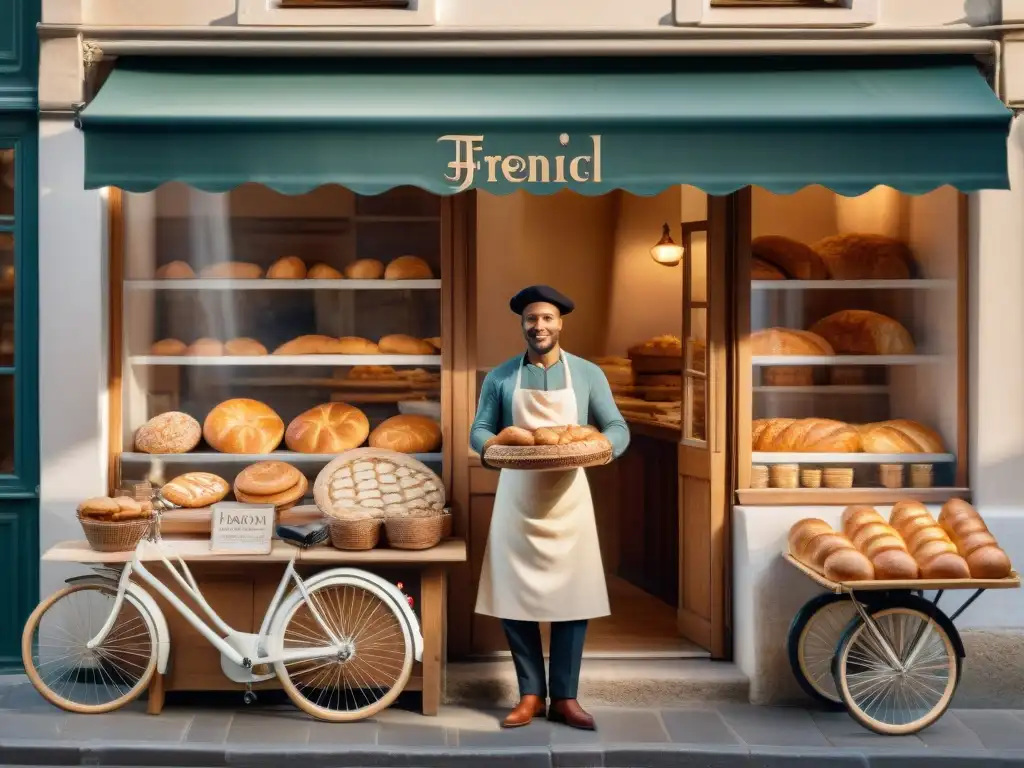 Escena detallada de panadería francesa con pan recién horneado y decoración vintage