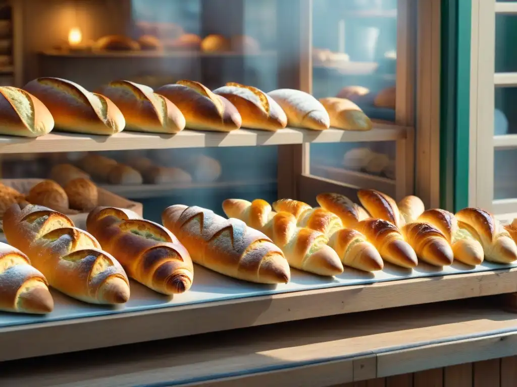 Escena detallada de una panadería francesa tradicional en un pueblo pintoresco, resaltando la Importancia del pan en Francia