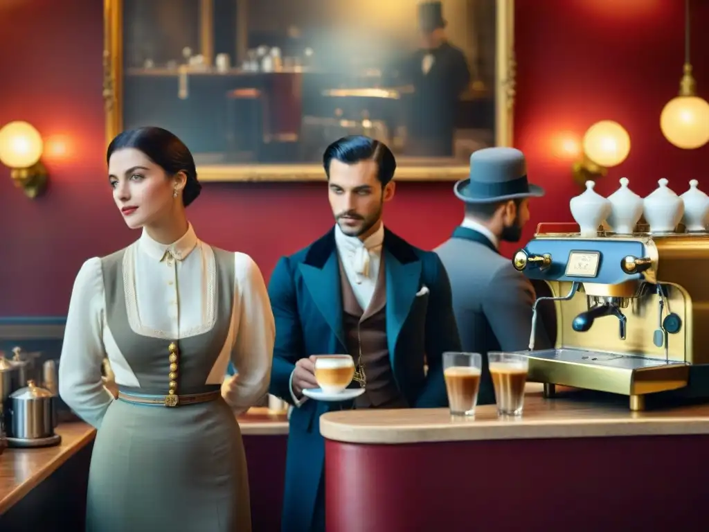 Escena detallada de café parisino del siglo XX, con baristas elegantes y clientes disfrutando de bebidas