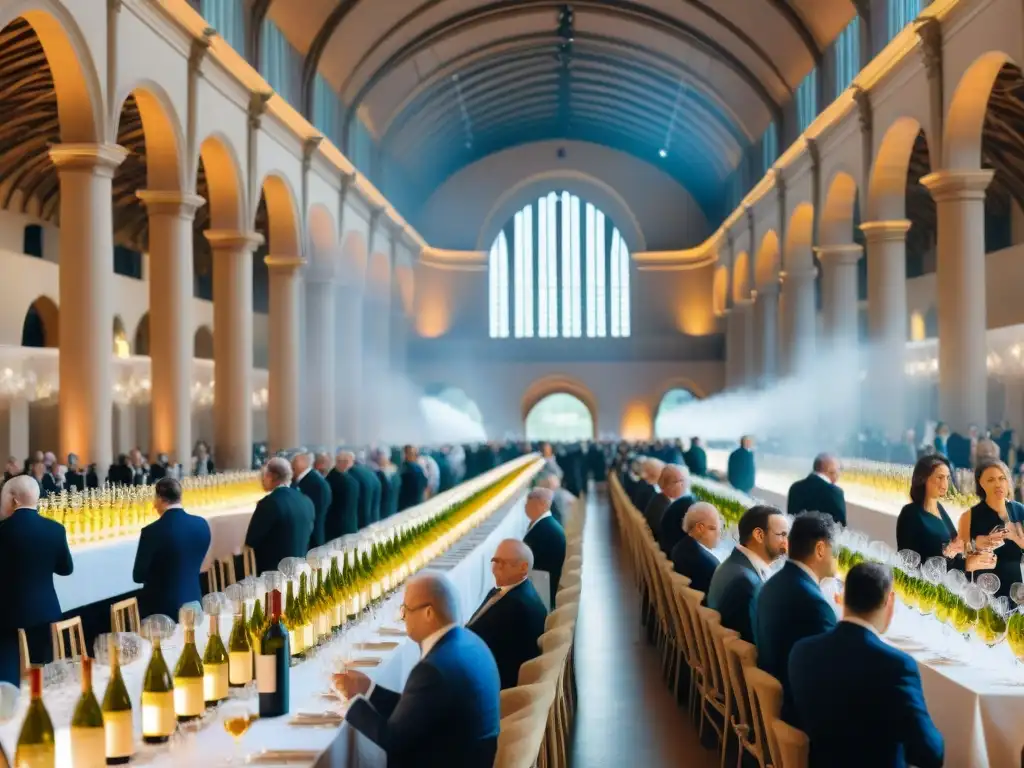 Escena detallada de un prestigioso concurso de vinos francés en un elegante salón, con mesas llenas de botellas de vino de diferentes regiones