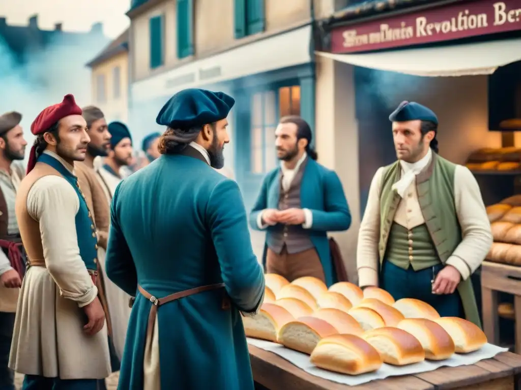 Una escena detallada de la Revolución Francesa: una multitud espera ansiosamente por pan en una panadería