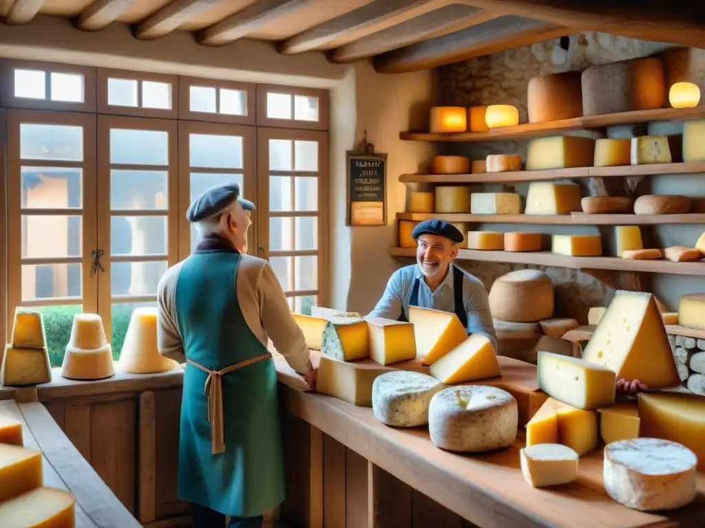 Escena detallada de una tienda de quesos franceses tradicionales en un pintoresco pueblo