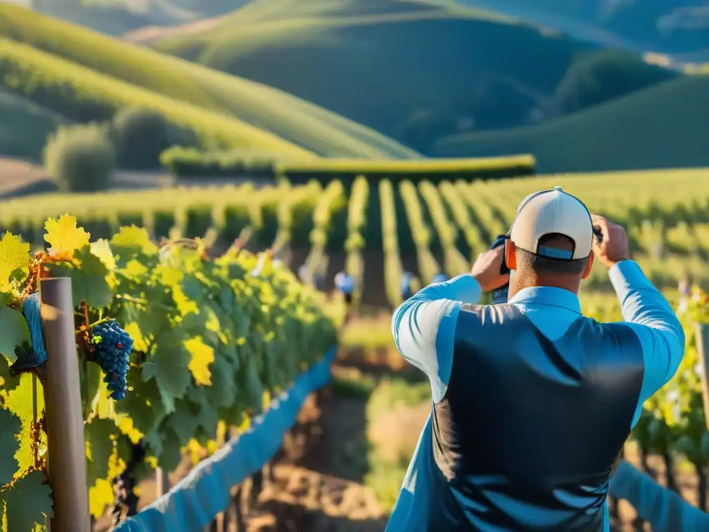 Una escena detallada de la recolección manual de uvas en los viñedos de la región de Champaña francesa, bajo un cielo azul