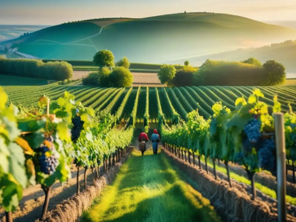 Una escena detallada de vendimia en viñedos de Champagne, con campesinos recolectando uvas