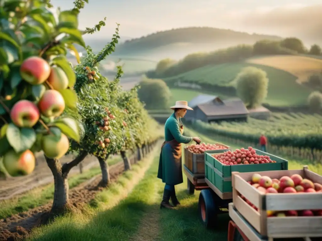 Una escena documental de una granja francesa durante la cosecha de manzanas, con agricultores en trajes tradicionales recolectando manzanas