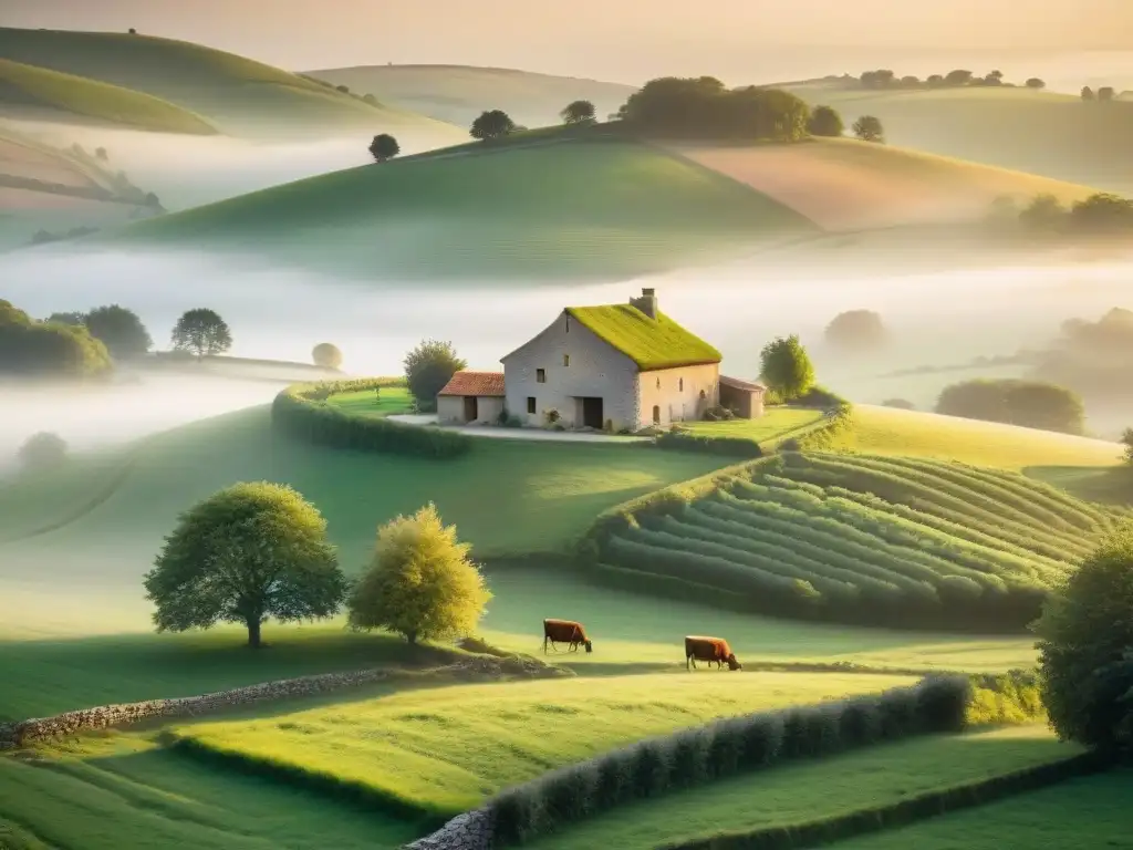 Granja de queso francesa al amanecer: tradición y serenidad Escena documental de granja quesera francesa al amanecer, preservando tradición queso francés