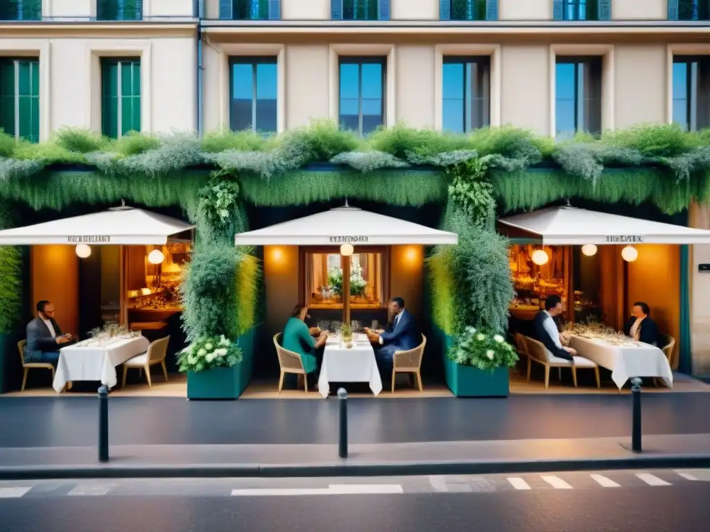 Escena en París: restaurantes ecofriendly con plantas verdes, paneles solares y mesas recicladas, fusionando tradición y sostenibilidad