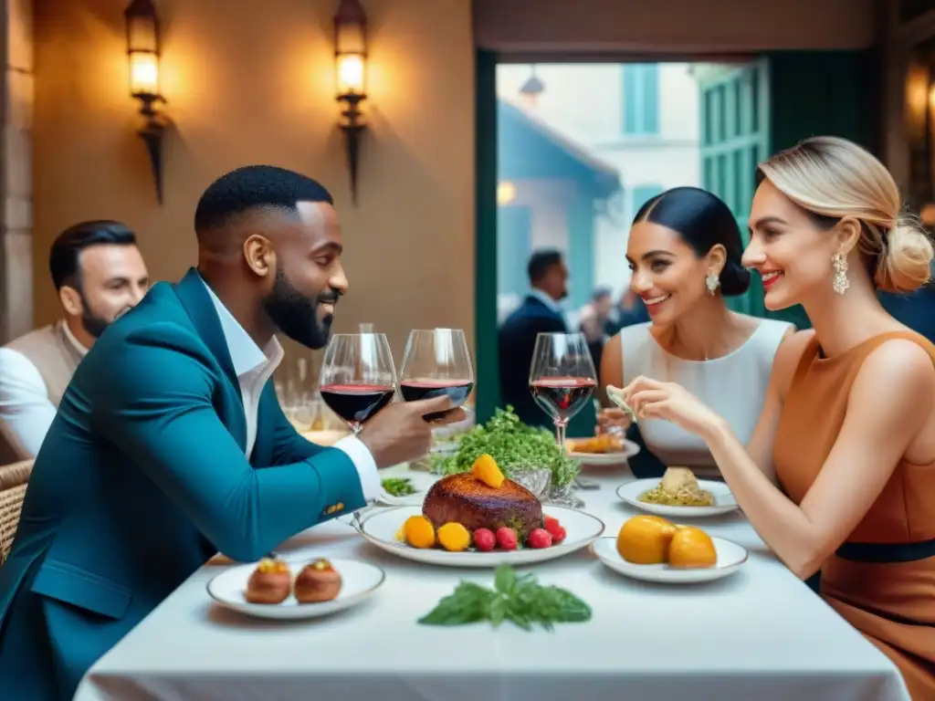 Una escena elegante de influencers en un restaurante francés, colaboraciones gastronómicas