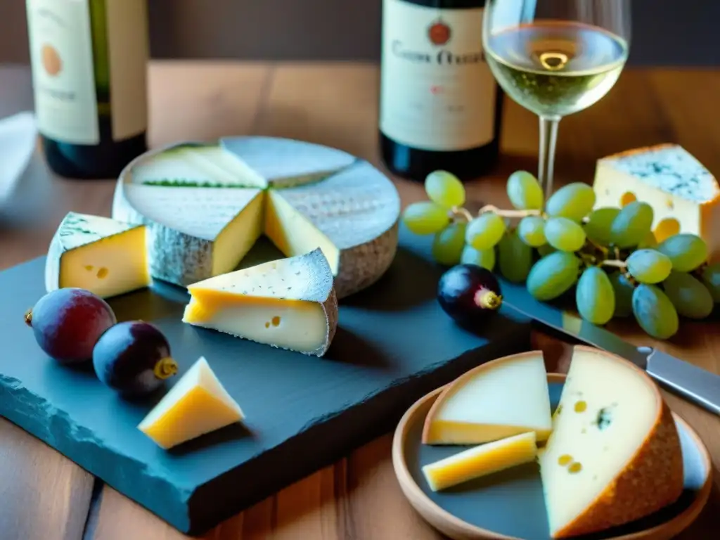 Una escena elegante de maridaje vinos quesos franceses principiantes con Brie, Roquefort y vinos como Bordeaux y Champagne