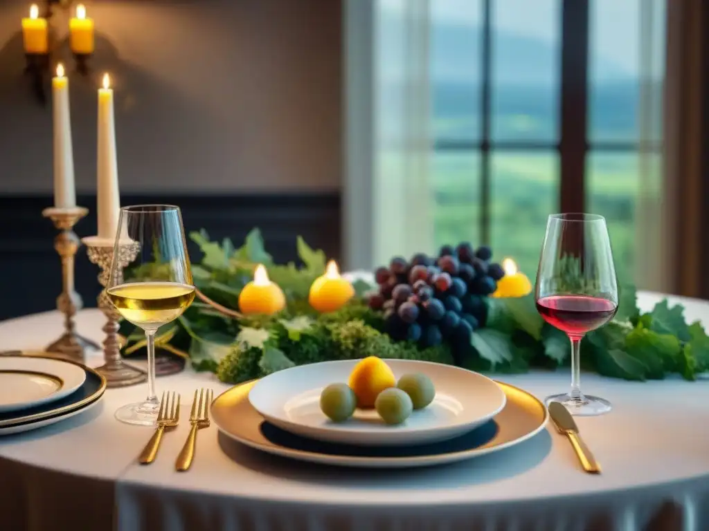 Escena elegante de maridajes vinos Alsacia cena con platos y copas exquisitas en mesa iluminada por velas