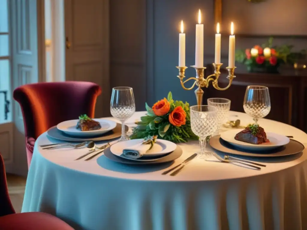 Escena elegante de una mesa francesa con maridajes ideales gastronomía francesa, iluminada por velas