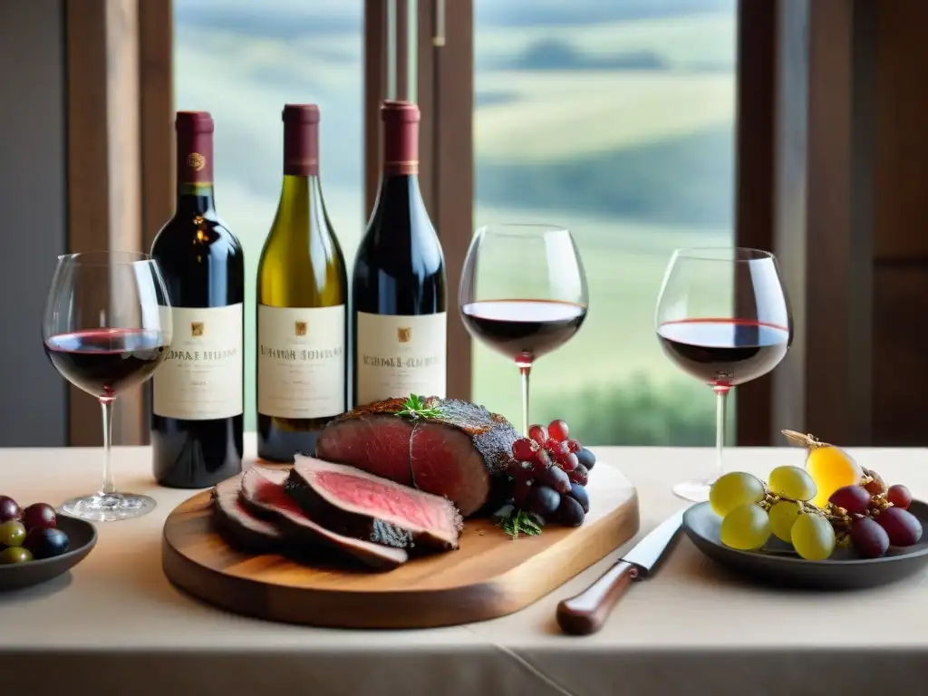 Escena elegante: mesa de madera con copas de vino, botellas de Burdeos y platos de caza, ideal para maridaje vinos Burdeos platos caza