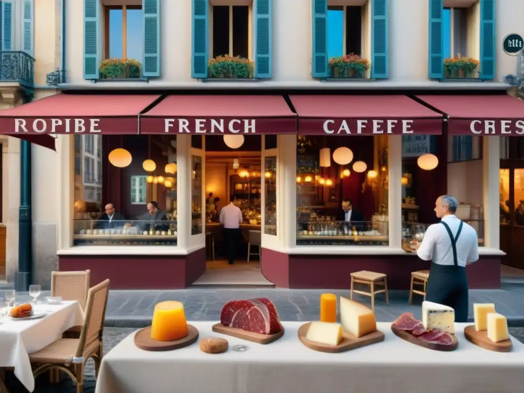 Escena elegante del ritual del aperitivo en Francia: locales disfrutan de vino tinto en un café parisino al atardecer