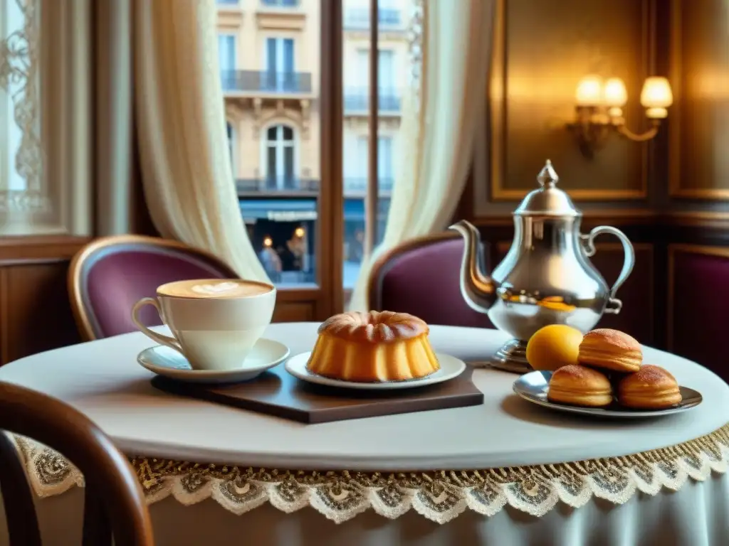 Escena encantadora en un café histórico de París, con exquisitas pastelerías francesas y café, decoración vintage y ambiente acogedor