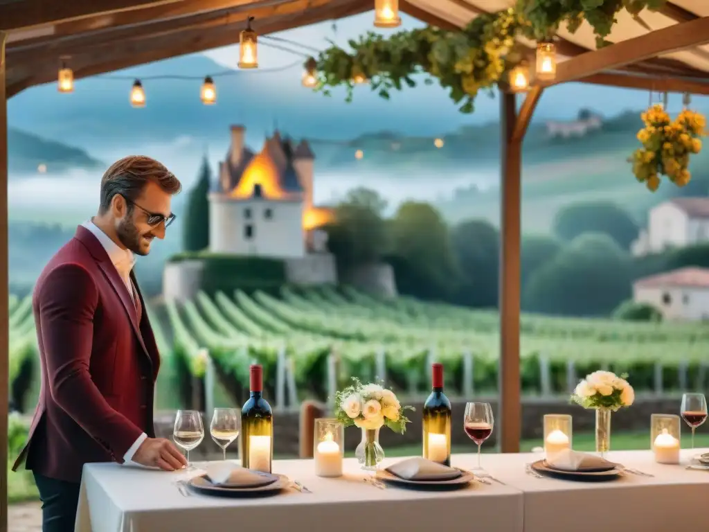 Escena encantadora de un chateau francés entre viñedos, mesas elegantes con mantelería blanca y velas bajo luces de hadas