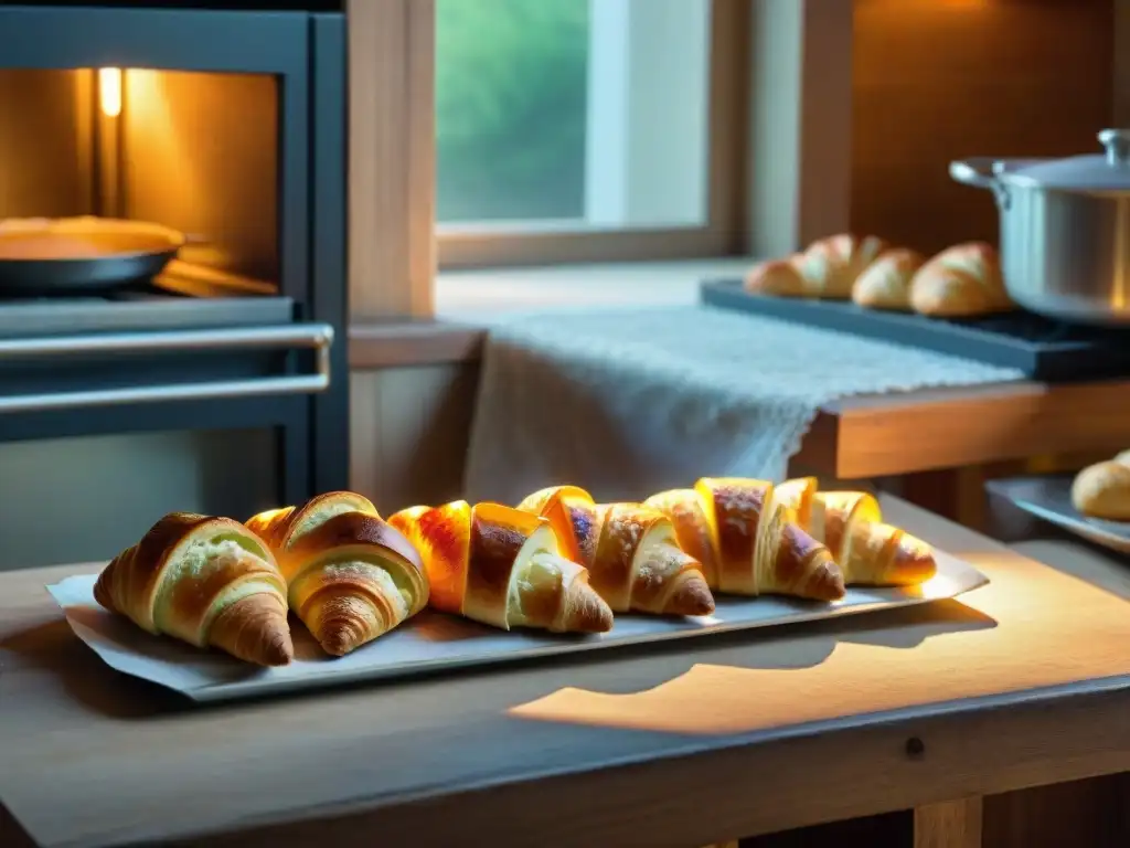 Escena encantadora de una cocina de panadería francesa con croissants dorados, tartas de frutas y quesos artesanales, bañados en luz matinal