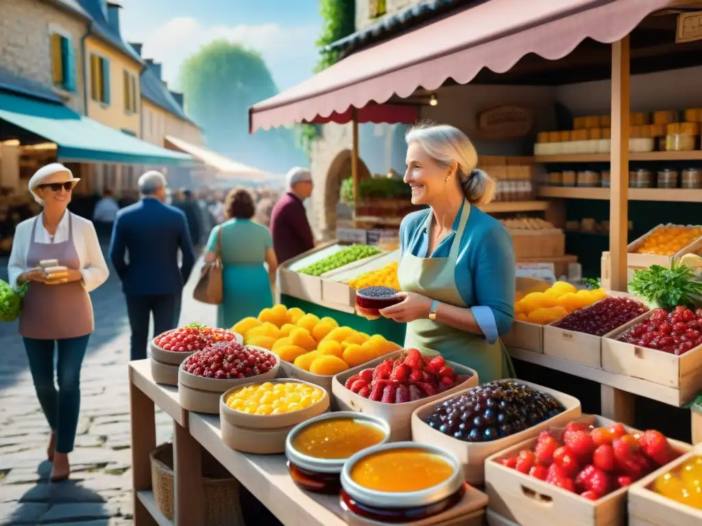 Escena encantadora en mercado francés con tiendas de mermeladas artesanales