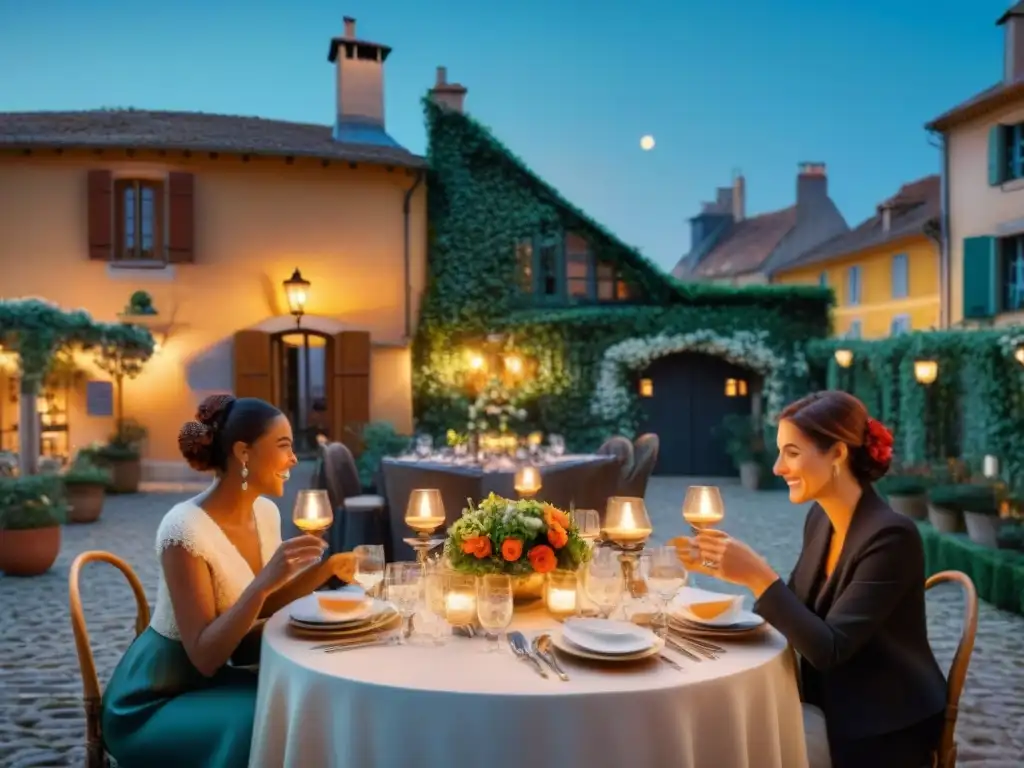 Escena encantadora de una mesa elegante en un patio francés, iluminada por velas, con deliciosos platillos franceses y comensales felices disfrutando de una Cenas PopUp gastronomía francesa bajo el cielo estrellado