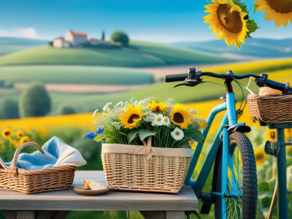 Escena encantadora de picnic en bicicleta por Francia con cesta de picnic, baguettes, quesos, frutas y vino tinto