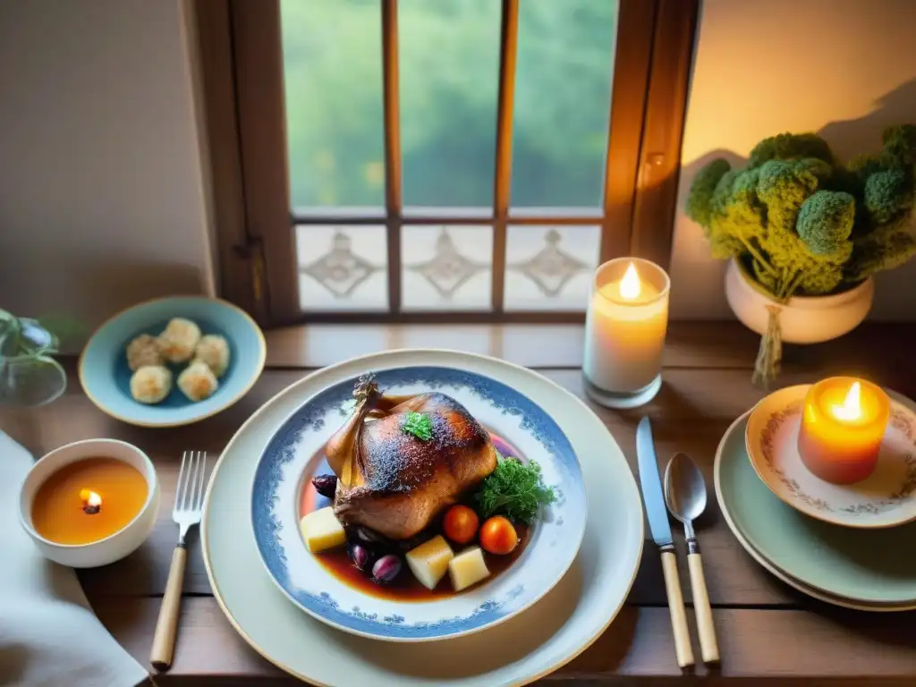 Una escena encantadora de recetas inspiradas en la literatura francesa, con platos elegantes y libros clásicos