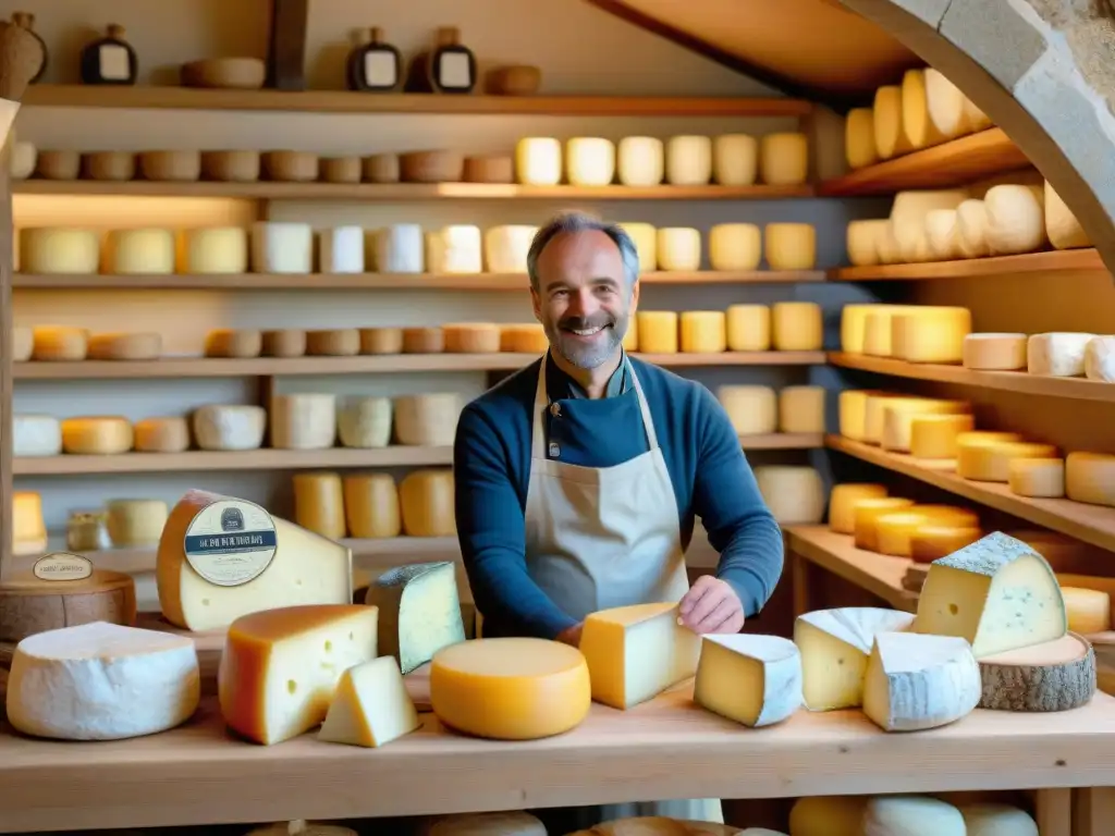 Escena encantadora en una tienda de quesos francesa, con variedades como Brie, Roquefort y Comté