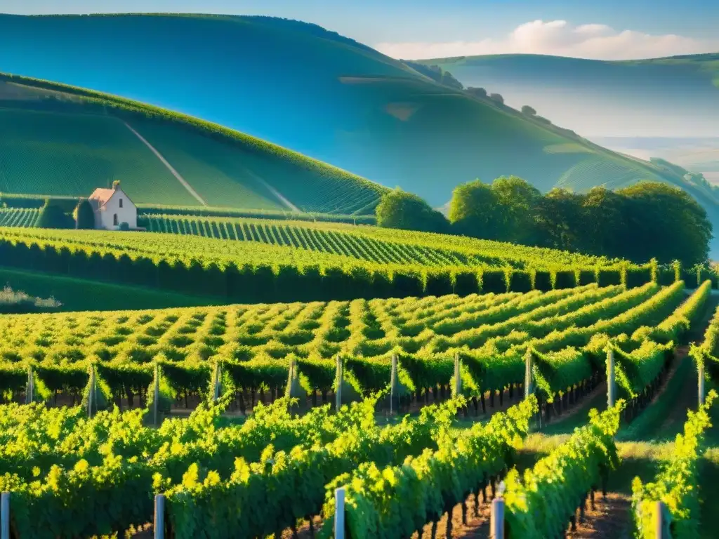 Una escena encantadora de viñedos en Champagne bajo un cielo azul, con obreros cuidando las vides