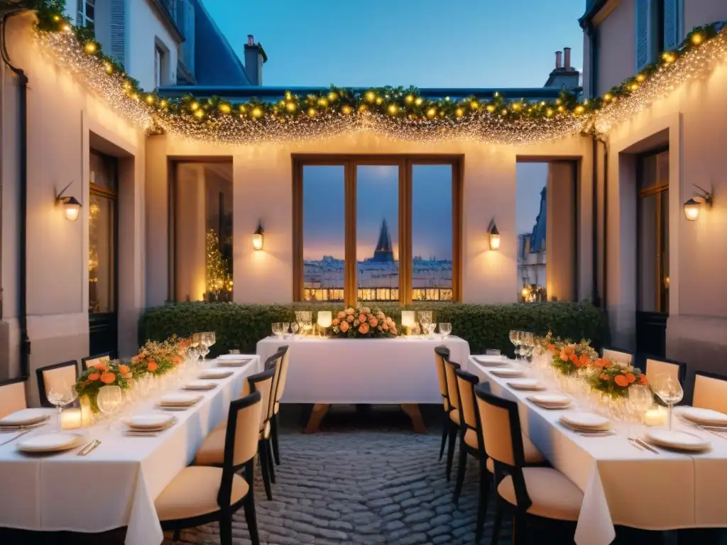 Una escena exclusiva de Cenas PopUp en París: mesa elegante con velas, cristalería y flores, comensales de alta moda bajo luces cálidas