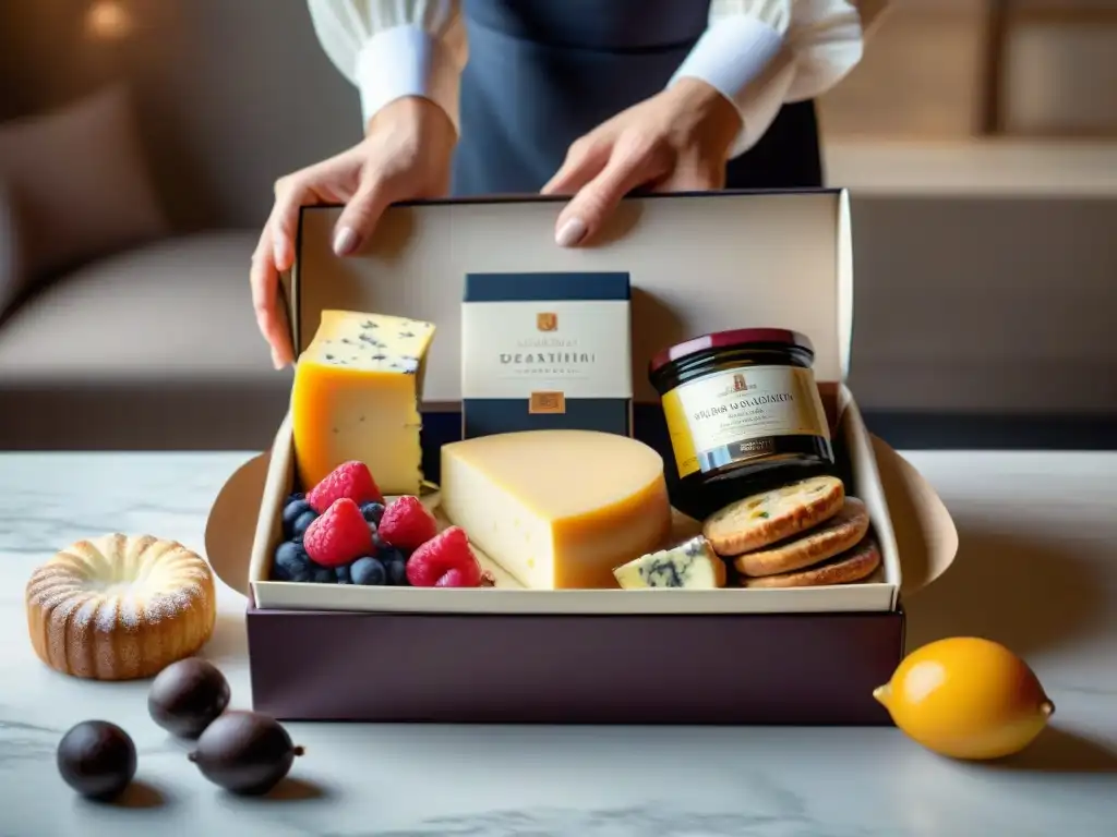 Una escena exquisita de desempaquetar delicadamente una caja de regalo llena de especialidades gastronómicas francesas