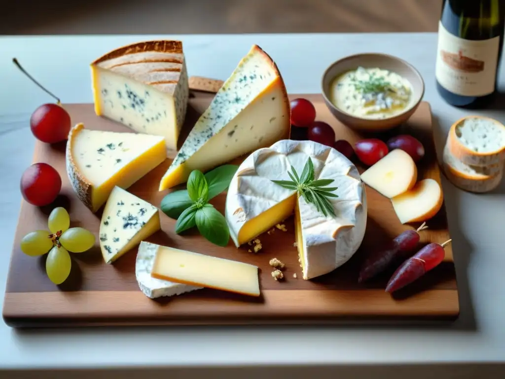 Una escena exquisita de mesa rústica francesa con quesos, vinos y embutidos, evocando la esencia de la gastronomía francesa