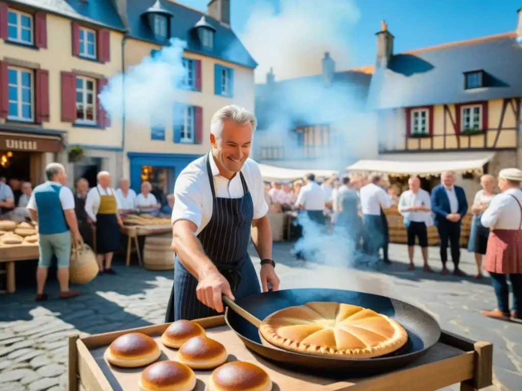 Escena festiva en una aldea bretona con la influencia culinaria de la Galette Bretona