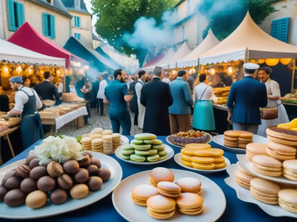 Escena festiva en un bullicioso festival de gastronomía francesa, con puestos de crepes, escargots y macarons