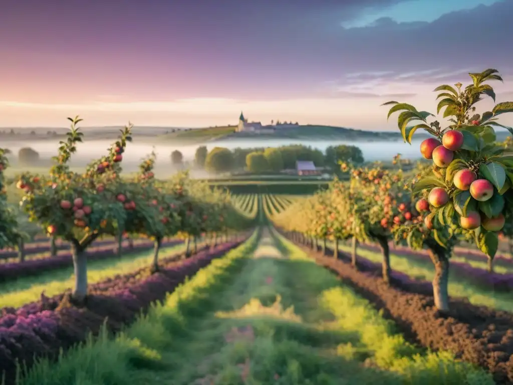 Escena francesa al atardecer con huertos de manzanas y una cidrería, reflejando la historia y sabor de la sidra francesa