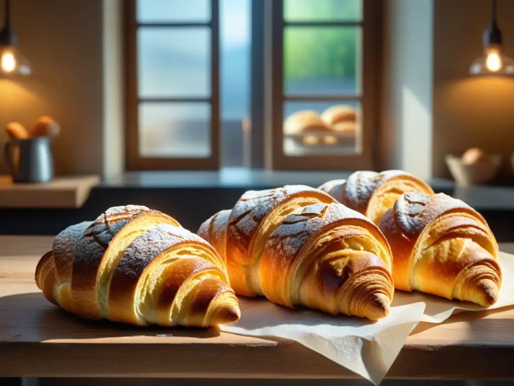 Escena de una boulangerie francesa con delicias recién horneadas en mesas de madera