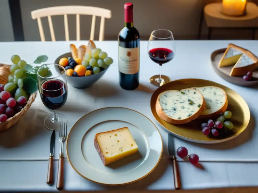 Escena francesa en mesa: vino, baguette, queso y embutidos, mantel fino y luz de velas