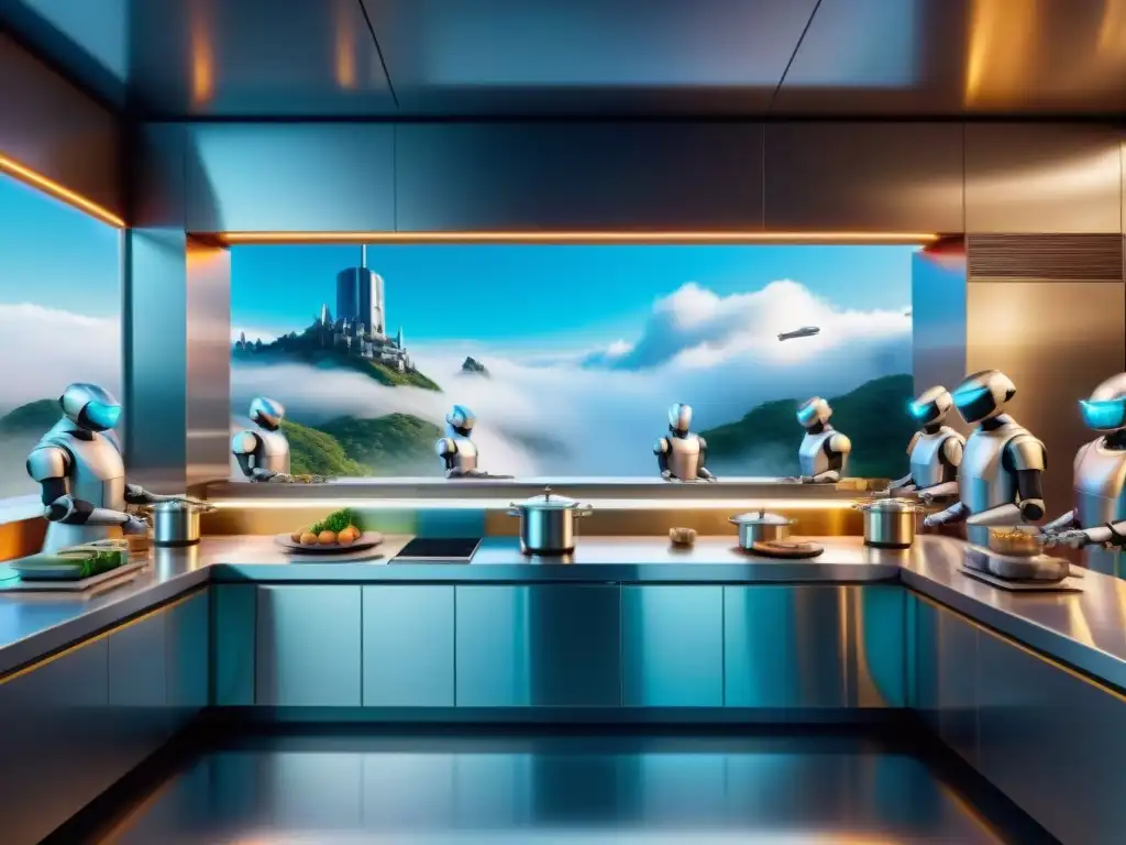 Una escena futurista en la cocina de un restaurante francés con robots trabajando junto a chefs, mostrando la integración de tecnología