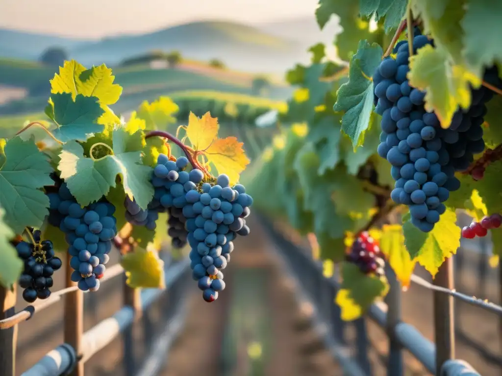 Una escena futurista en un viñedo francés al amanecer, donde un robot cosechador de uvas trabaja junto a enólogos