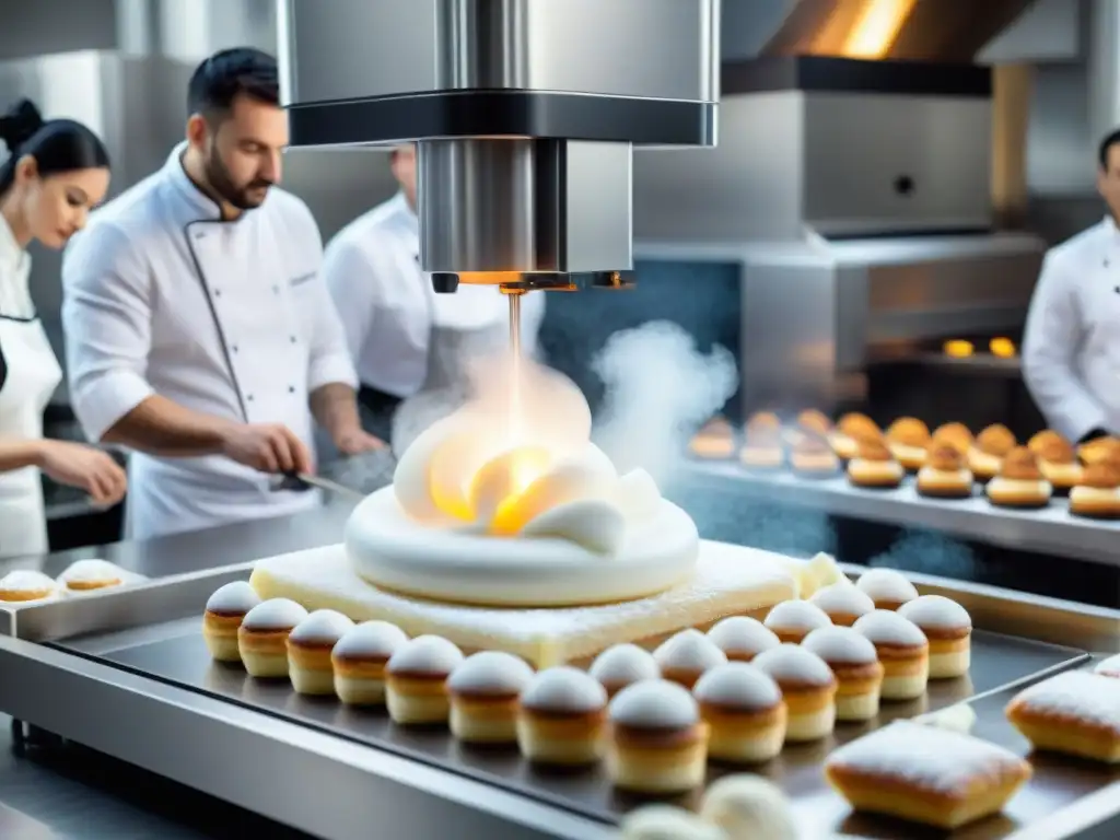 Una escena de Gastronomía francesa innovadora con impresión 3D: chefs crean delicadas pastelerías en un ambiente de tradición y tecnología